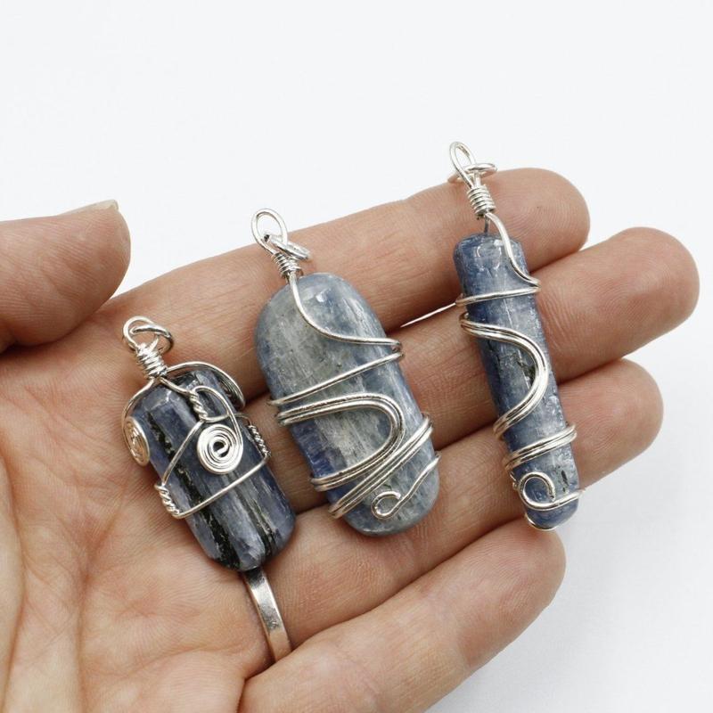 Unisex Silver Metal Wire Wrap Blue Kyanite Pendants-Nature's Treasures