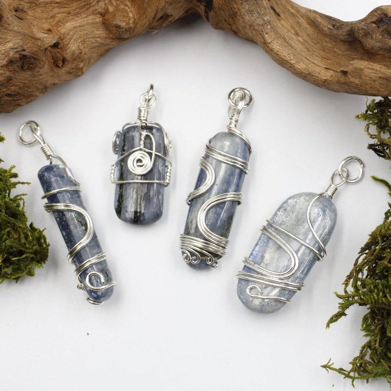 Unisex Silver Metal Wire Wrap Blue Kyanite Pendants-Nature's Treasures