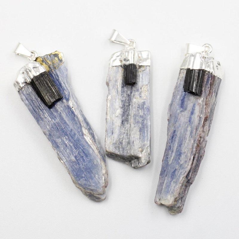 Unisex Silver Plated Black Tourmaline and Blue Kyanite Pendants-Nature's Treasures