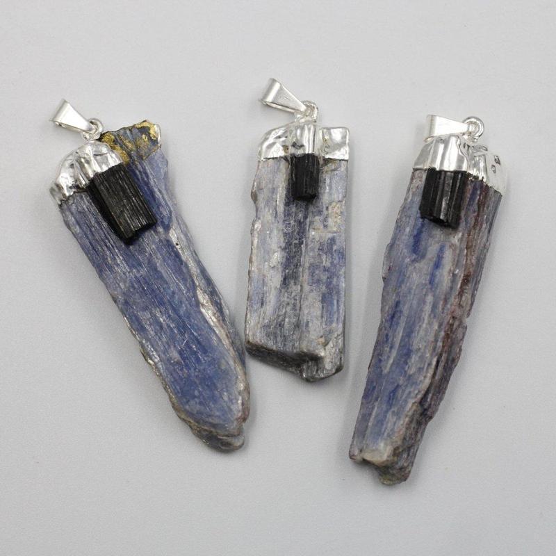 Unisex Silver Plated Black Tourmaline and Blue Kyanite Pendants-Nature's Treasures