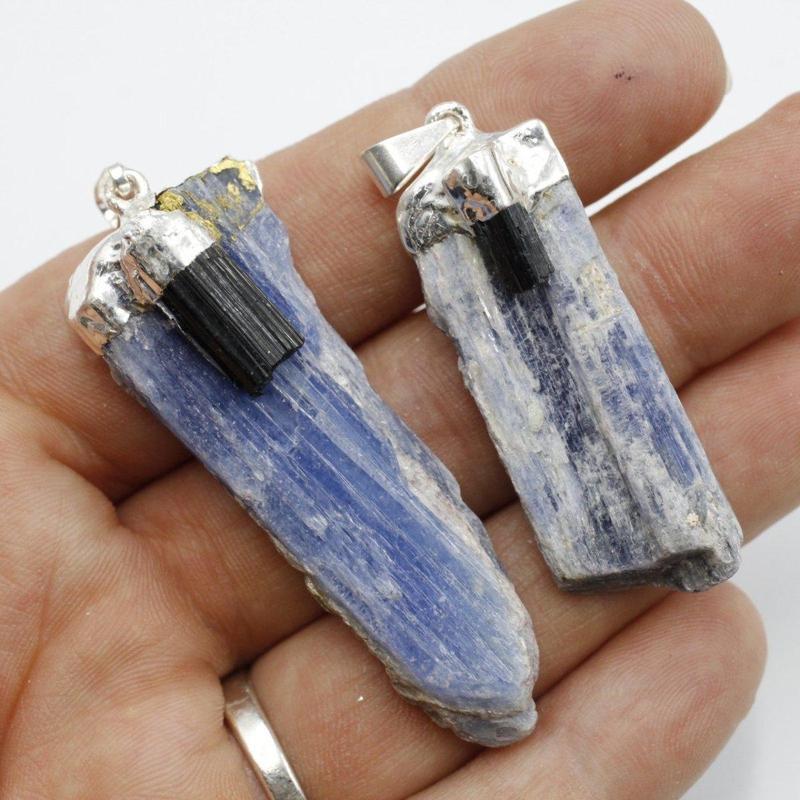 Unisex Silver Plated Black Tourmaline and Blue Kyanite Pendants-Nature's Treasures