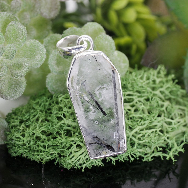 Unisex Tourmalinated Quartz Coffin Pendants || .925 Sterling Silver-Nature's Treasures