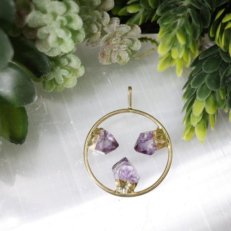 Unisex Triple Point Gemstone Plated Circle Pendants-Nature's Treasures