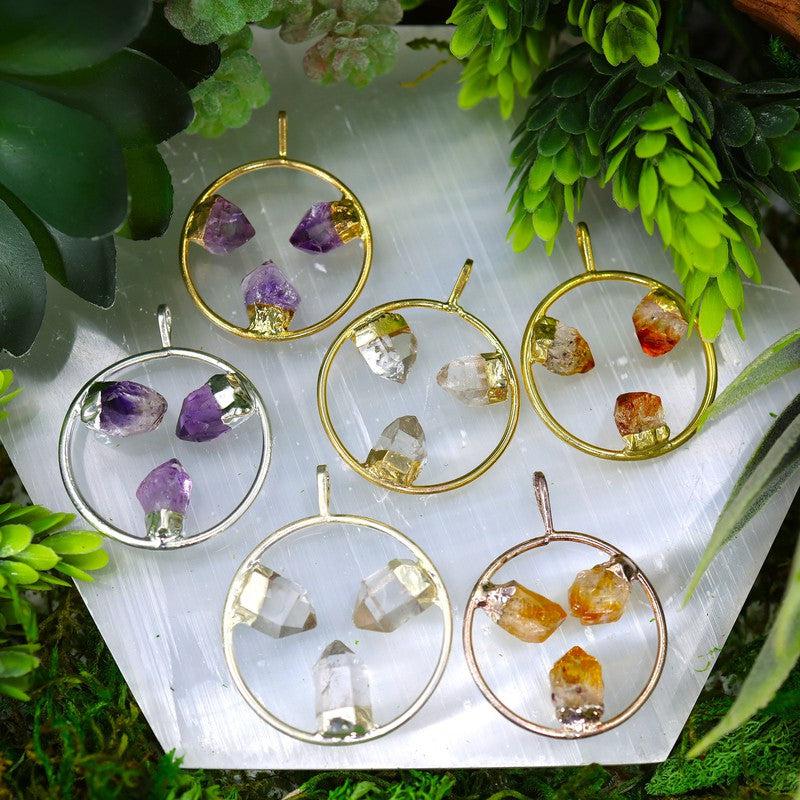 Unisex Triple Point Gemstone Plated Circle Pendants-Nature's Treasures
