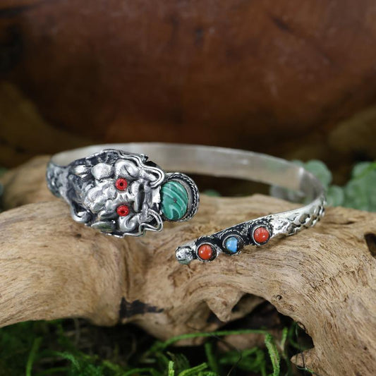 Unisex White Metal Tibetan Dragon Head Gemstone Bracelet-Nature's Treasures