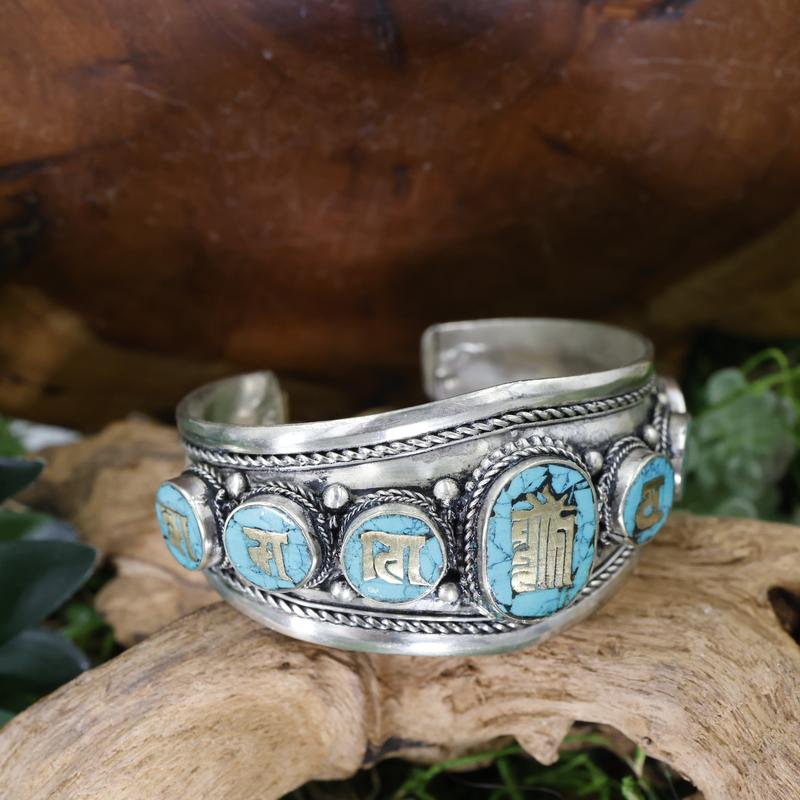 White Metal Tibetan Kalachakra w/ Reconstituted Turquoise Bracelet-Nature's Treasures