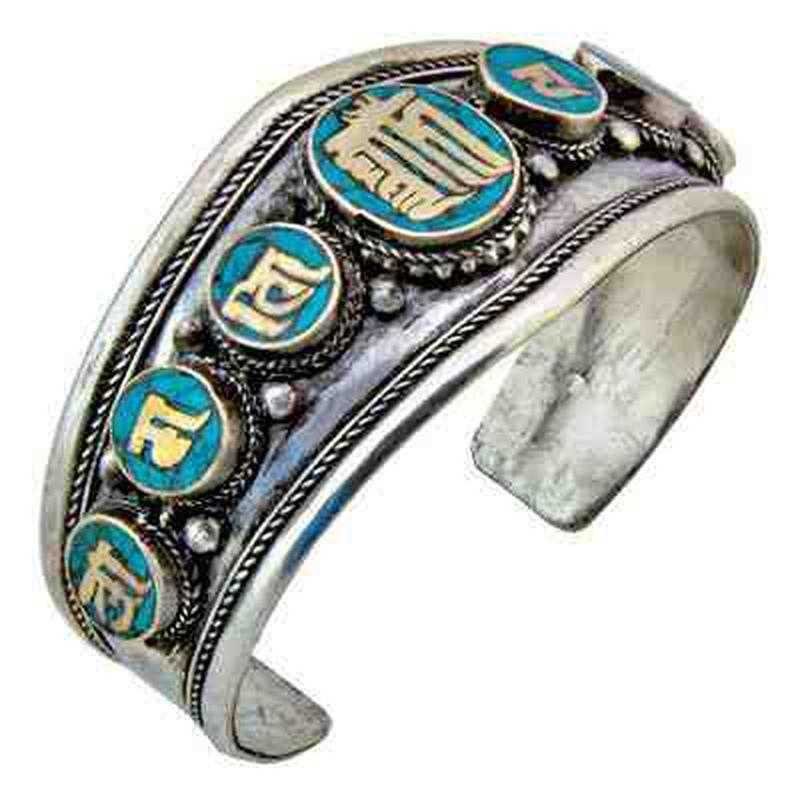 White Metal Tibetan Kalachakra w/ Reconstituted Turquoise Bracelet-Nature's Treasures