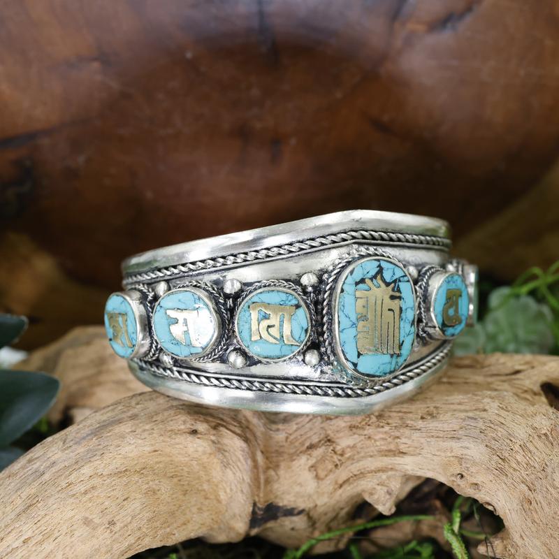 White Metal Tibetan Kalachakra w/ Reconstituted Turquoise Bracelet-Nature's Treasures