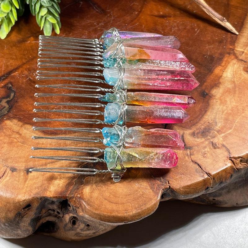 Wire Wrap Aura Quartz Point Hair Barrette || Aura Coated-Nature's Treasures