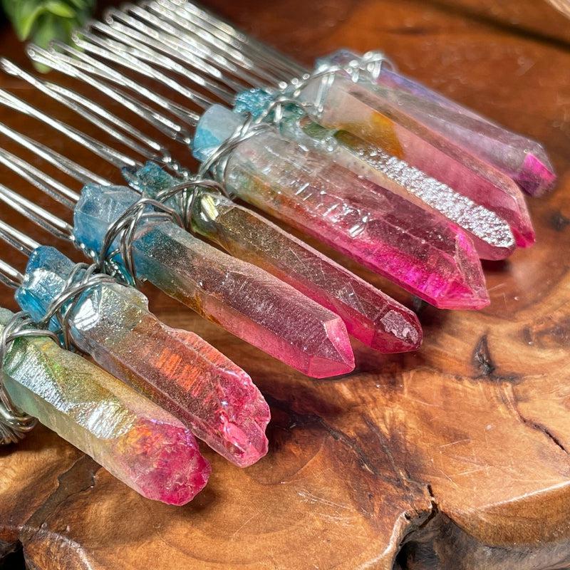 Wire Wrap Aura Quartz Point Hair Barrette || Aura Coated-Nature's Treasures