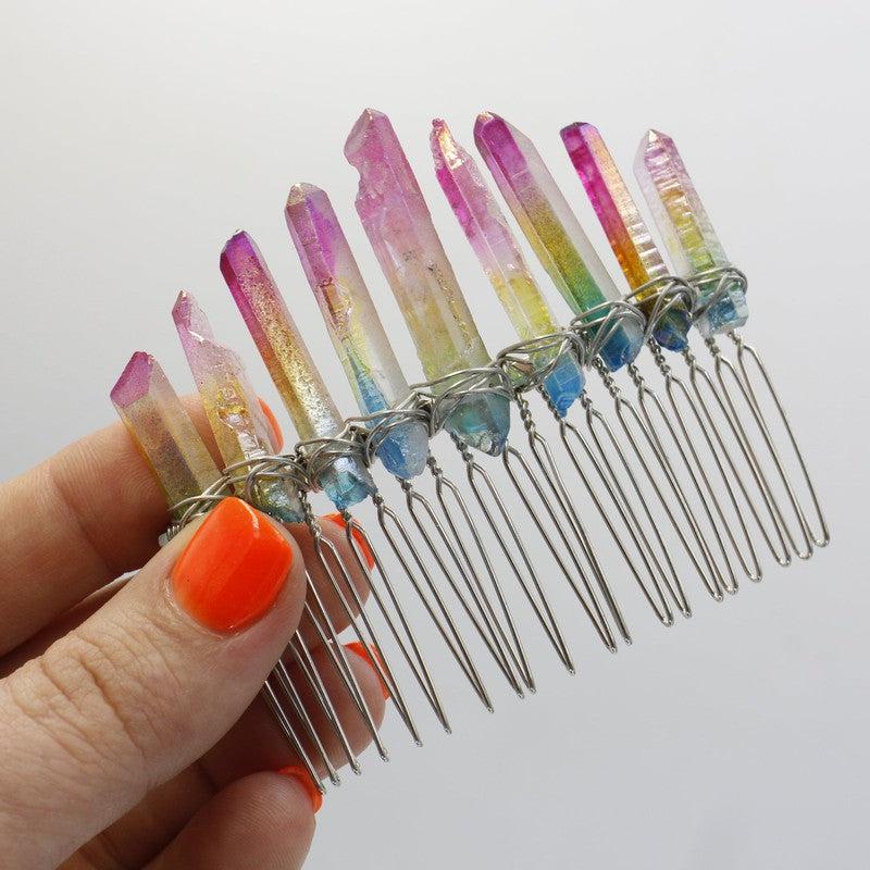 Wire Wrap Aura Quartz Point Hair Barrette || Aura Coated-Nature's Treasures