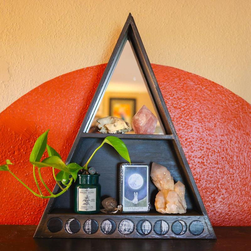Wood Altar Shelf with Mirror - Moon Phases-Nature's Treasures