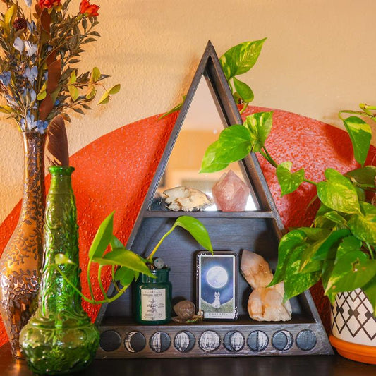 SHOW PRODUCT: Wooden Altar Shelf with Mirror - Moon Phases-Nature's Treasures
