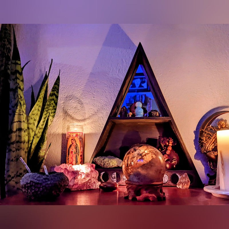 Wood Altar Shelf with Mirror - Moon Phases-Nature's Treasures