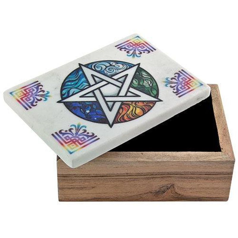 Wooden Box w/ Rainbow Pentacle Marble Lid - 6" x 4"-Nature's Treasures