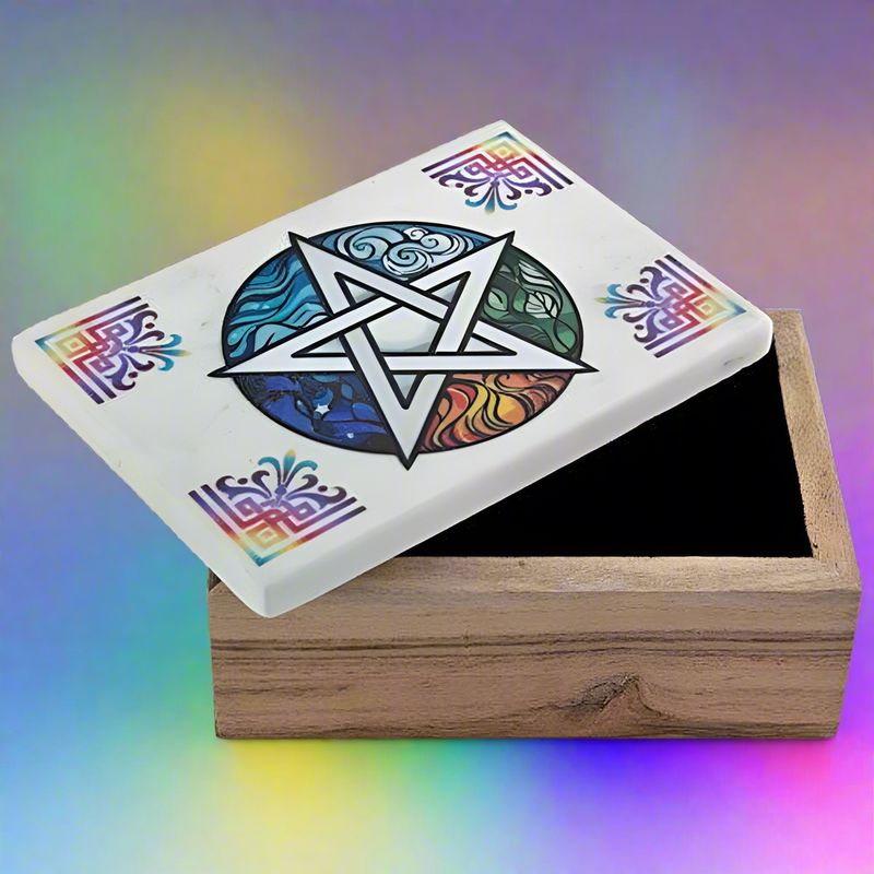 Wooden Box w/ Rainbow Pentacle Marble Lid - 6" x 4"-Nature's Treasures