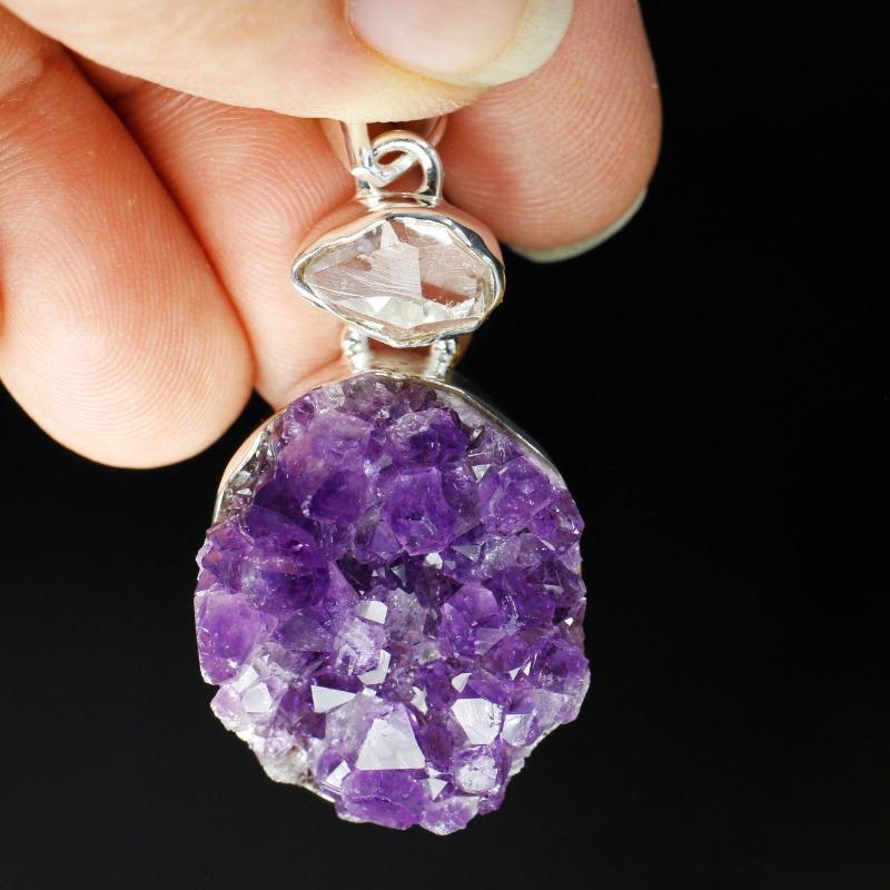 Amethyst Cluster With Herkimer Diamond Pendant || .925 Sterling Silver-Nature's Treasures