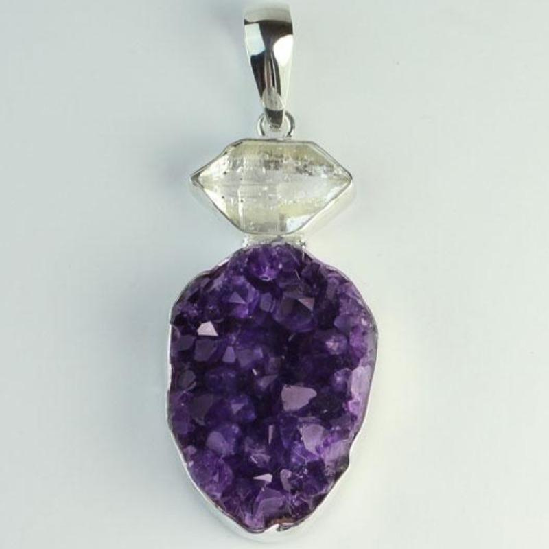 Amethyst Cluster With Herkimer Diamond Pendant || .925 Sterling Silver-Nature's Treasures