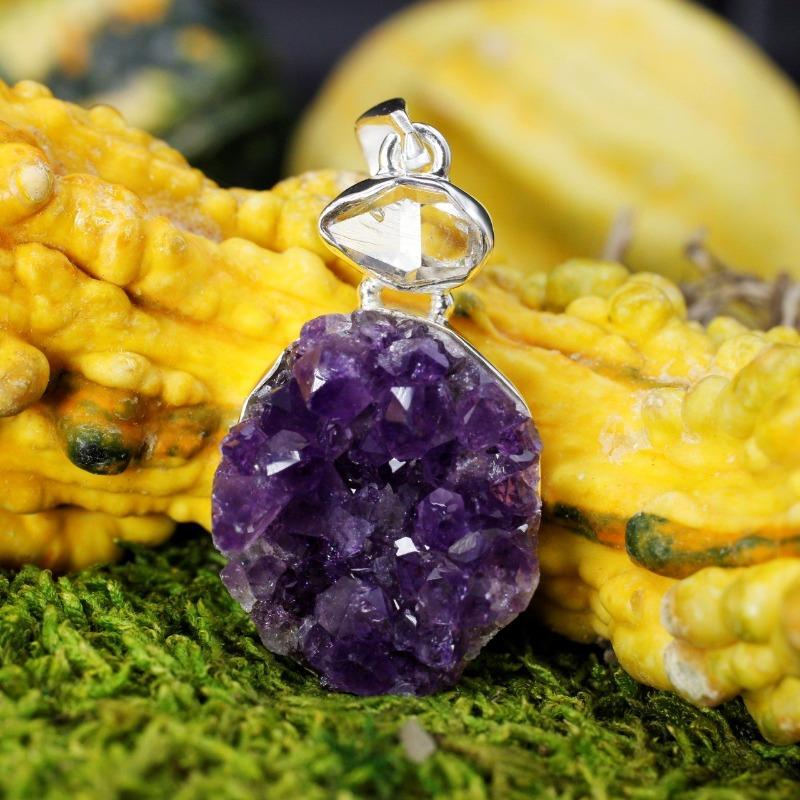 Amethyst Cluster With Herkimer Diamond Pendant || .925 Sterling Silver-Nature's Treasures