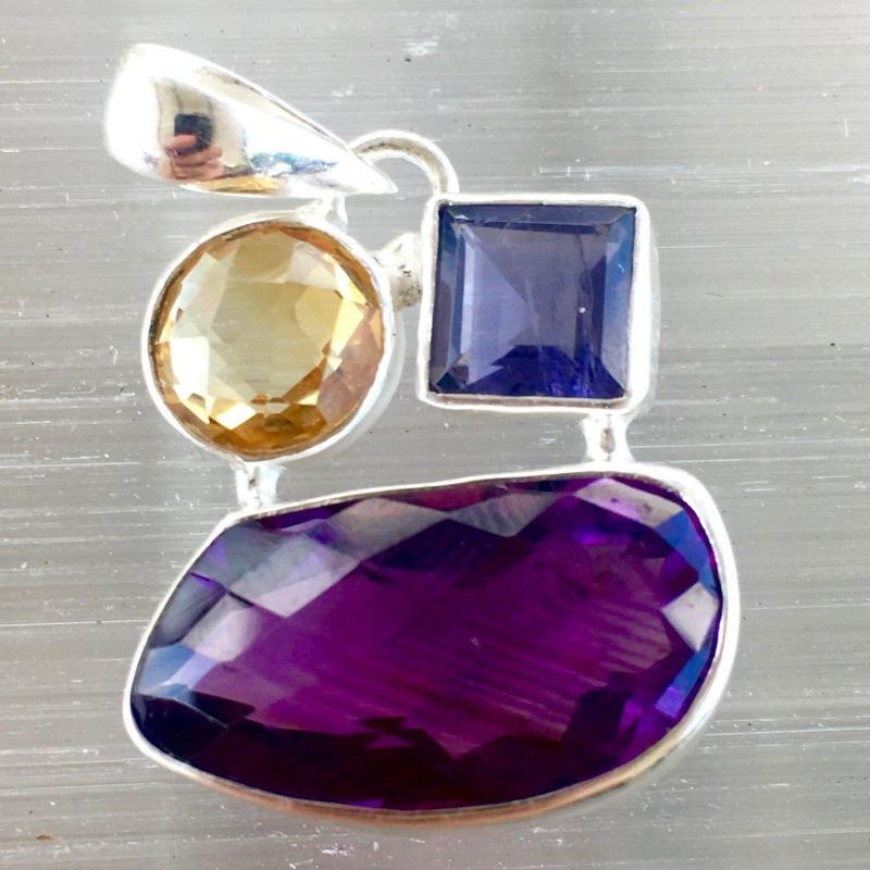 Amethyst with Citrine and Iolite Pendant || .925 Sterling Silver-Nature's Treasures