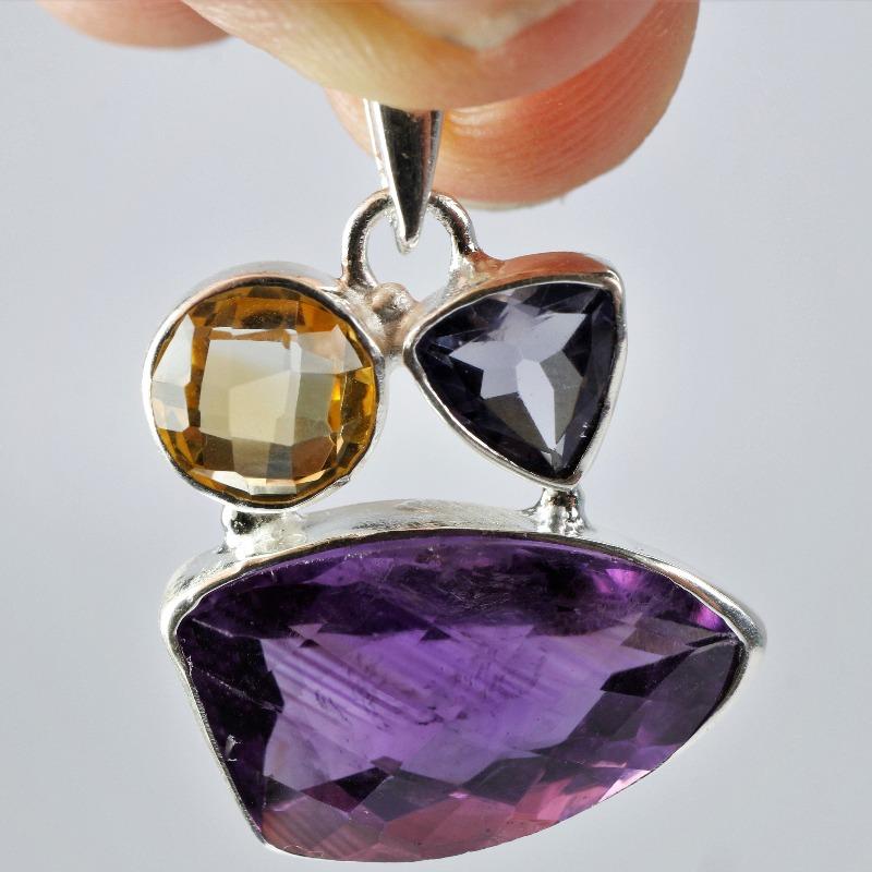 Amethyst with Citrine and Iolite Pendant || .925 Sterling Silver-Nature's Treasures