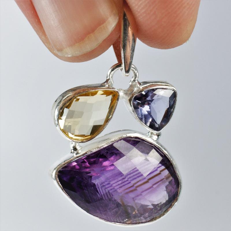 Amethyst with Citrine and Iolite Pendant || .925 Sterling Silver