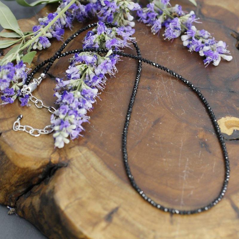 Black Spinel Dainty Faceted Necklace 2MM || .925 Sterling Silver-Nature's Treasures