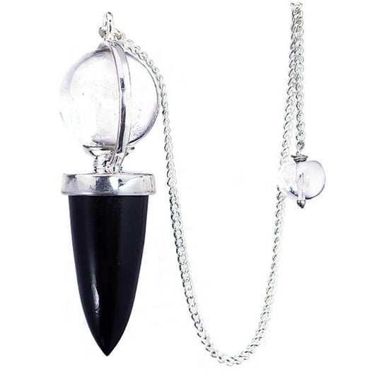 Black Tourmaline & Crystal Ball Pendulum w/ Sterling Silver Chain-Nature's Treasures