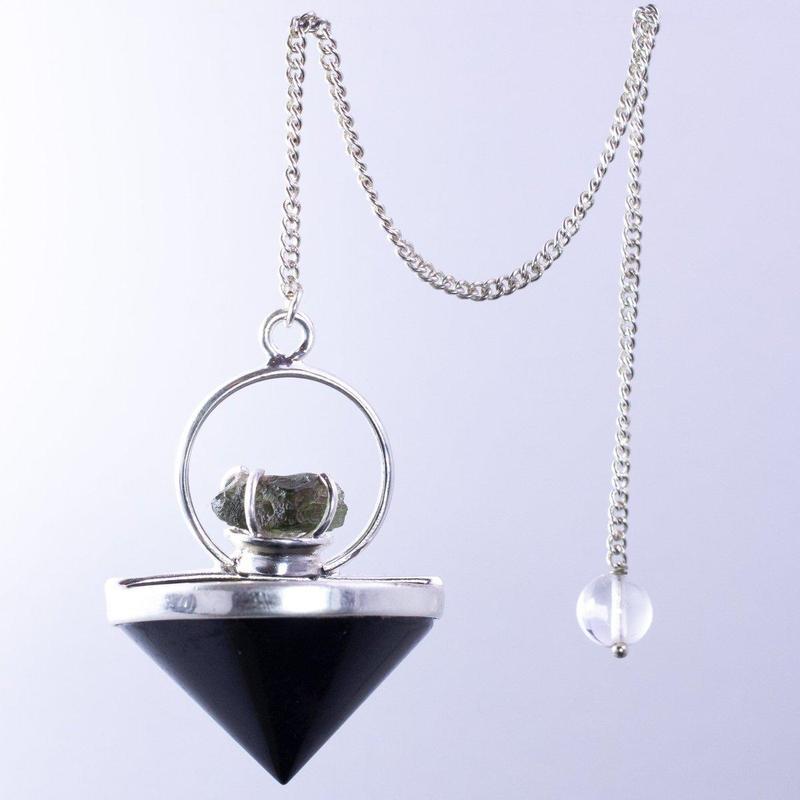 Black Tourmaline & Rough Moldavite Pendulum w/ Sterling Silver Chain-Nature's Treasures