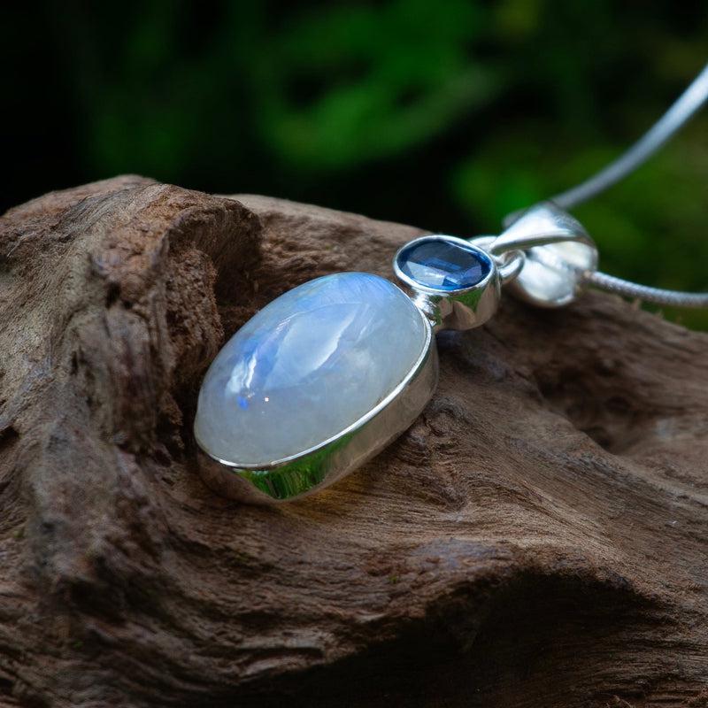 Blue Kyanite With Rainbow Moonstone Pendant || .925 Sterling Silver-Nature's Treasures