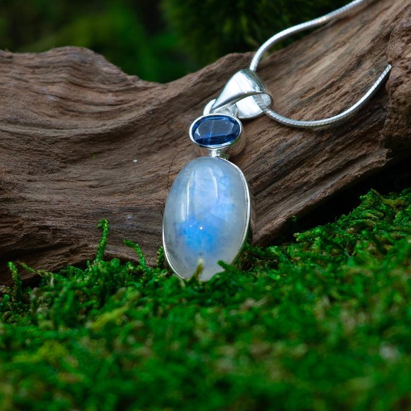 Blue Kyanite With Rainbow Moonstone Pendant || .925 Sterling Silver-Nature's Treasures