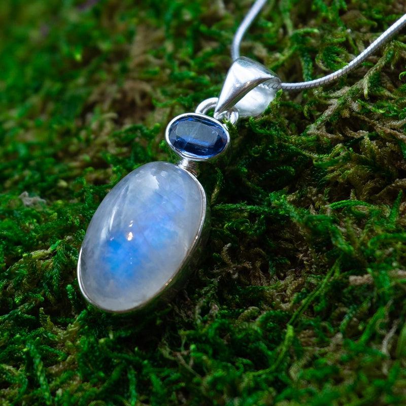 Blue Kyanite With Rainbow Moonstone Pendant || .925 Sterling Silver-Nature's Treasures