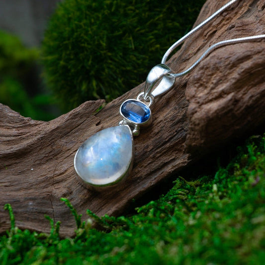 Blue Kyanite With Rainbow Moonstone Pendant || .925 Sterling Silver-Nature's Treasures