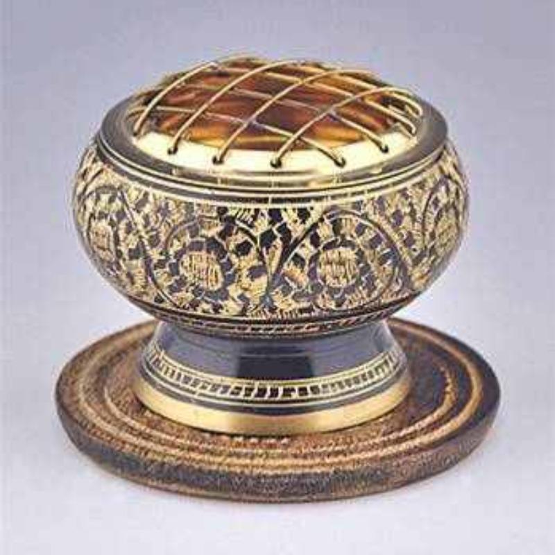 Brass Screen Charcoal Burner with Wooden Coaster-Nature's Treasures