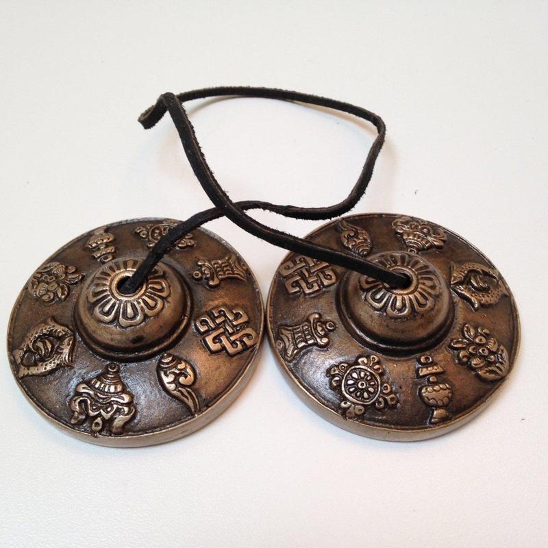 Brass Symbol Meditation Hand Tingsha Bells On Leather Cord-Nature's Treasures