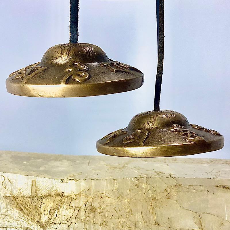 Brass Symbol Meditation Hand Tingsha Bells On Leather Cord-Nature's Treasures
