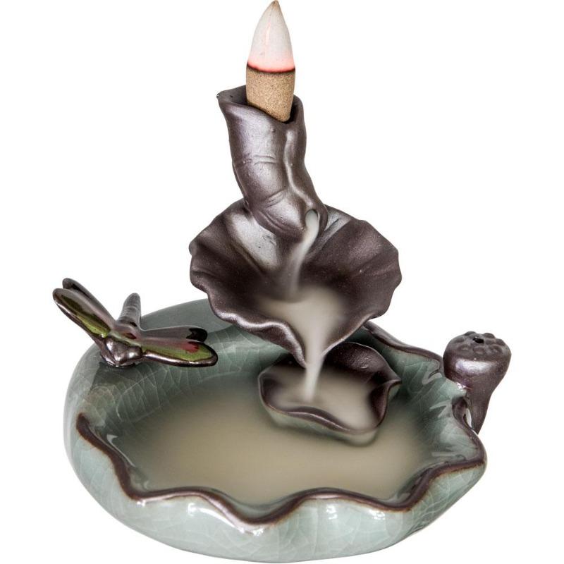 Ceramic 2 in 1 Back-flow and Incense Burner Holder || Dragonfly on Lily pads