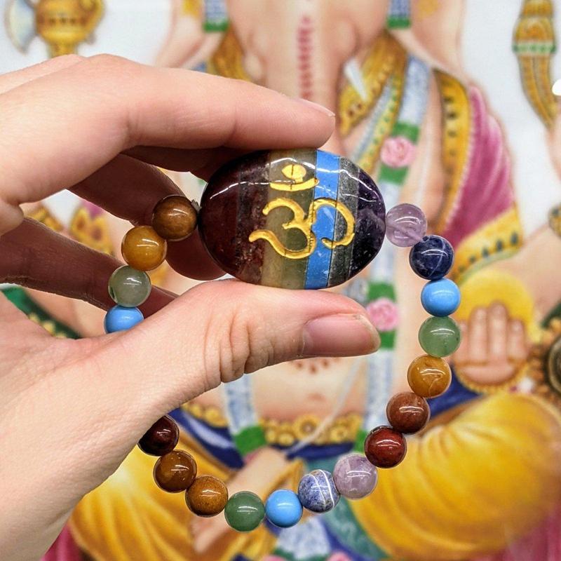 Chakra Om Symbol Carved Bonded Stretch Bracelet-Nature's Treasures