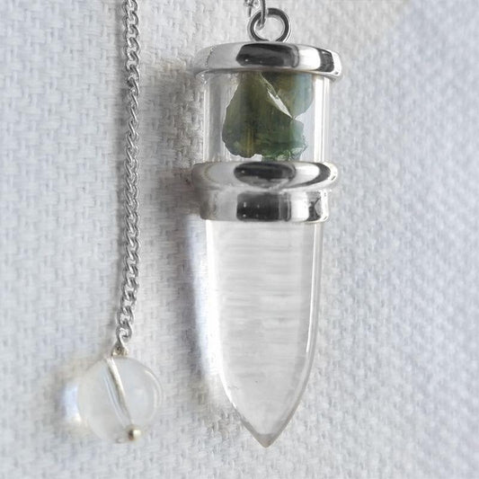 Clear Quartz & Moldavite Pendulum w/ Sterling Silver Chain-Nature's Treasures