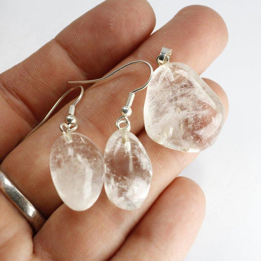 Clear Quartz Tumble Stone Jewelry Set || Pendant & Earrings-Nature's Treasures