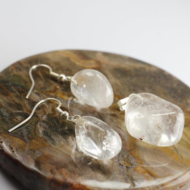 Clear Quartz Tumble Stone Jewelry Set || Pendant & Earrings-Nature's Treasures
