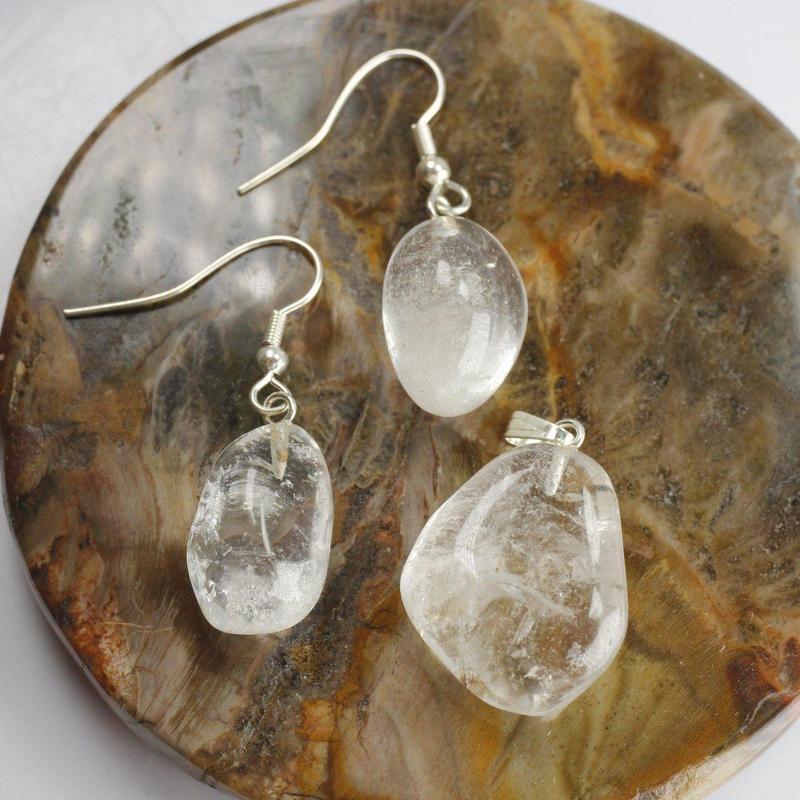 Clear Quartz Tumble Stone Jewelry Set || Pendant & Earrings-Nature's Treasures