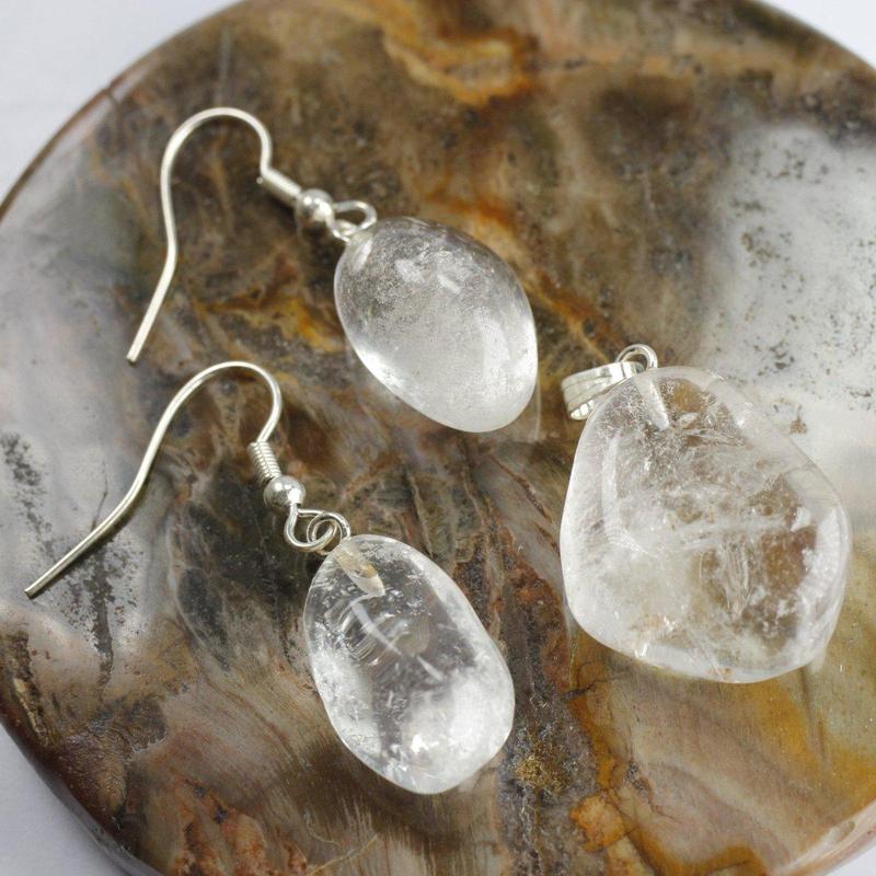 Clear Quartz Tumble Stone Jewelry Set || Pendant & Earrings