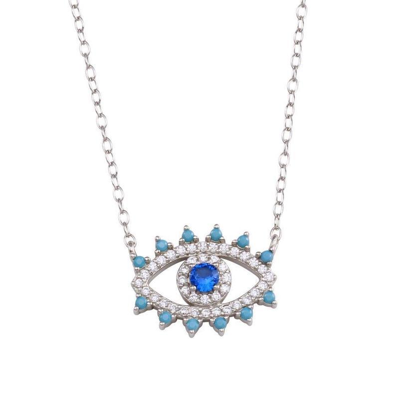 Cute Blue Evil Eye Rhodium Plated CZ Protection Necklace || .925 Sterling Silver-Nature's Treasures