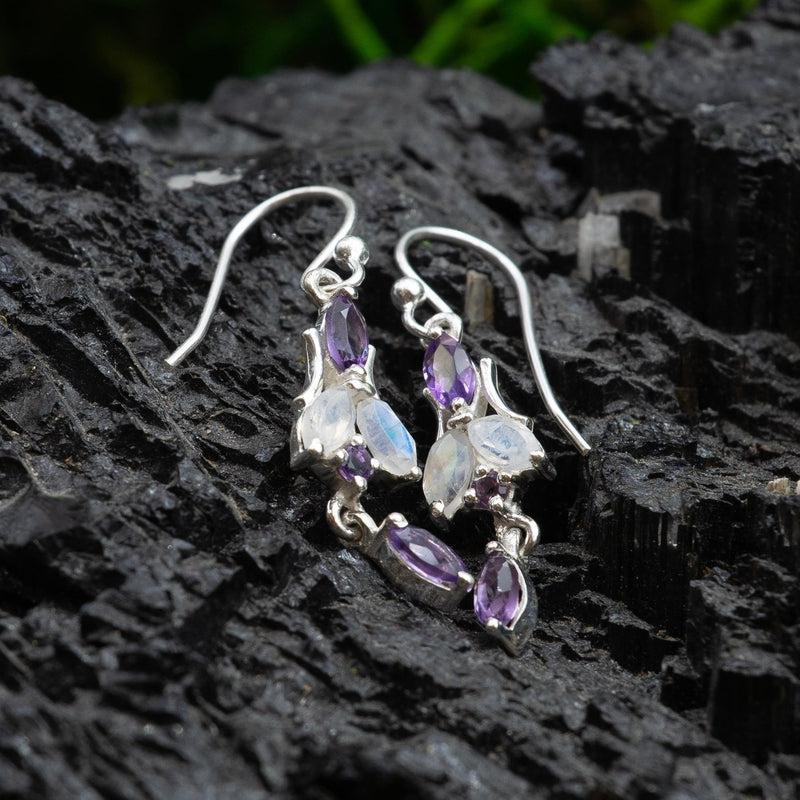 Dainty Amethyst With Rainbow Moonstone Chandelier Earrings || .925 Sterling Silver-Nature's Treasures