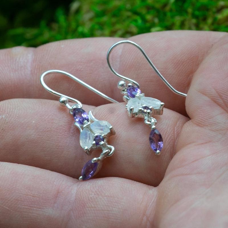 Dainty Amethyst With Rainbow Moonstone Chandelier Earrings || .925 Sterling Silver-Nature's Treasures