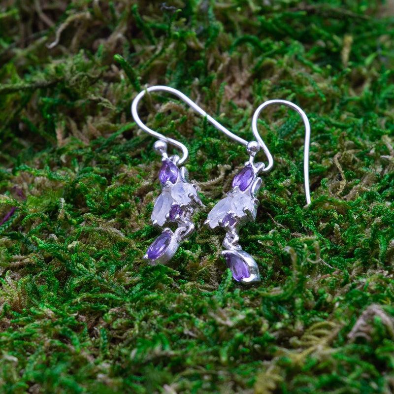 Dainty Amethyst With Rainbow Moonstone Chandelier Earrings || .925 Sterling Silver-Nature's Treasures