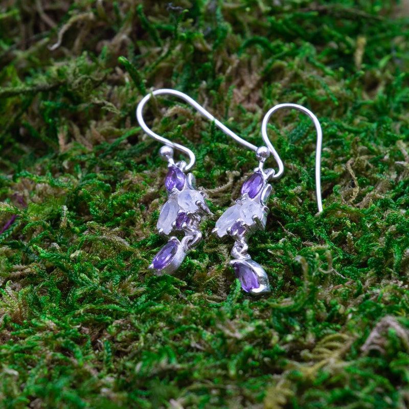 Dainty Chandler Faceted Amethyst And Rainbow Moonstone Earrings || .925 Sterling Silver-Nature's Treasures