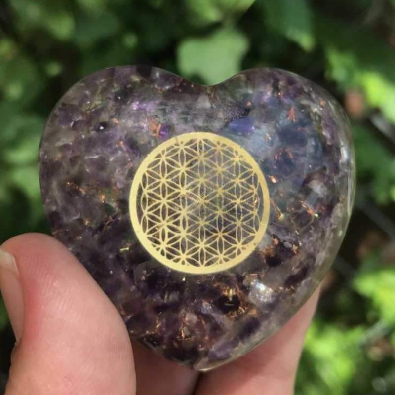 EMF Protection Orgonite Amethyst, Copper Flakes Heart || 45MM || Flower Of life-Nature's Treasures