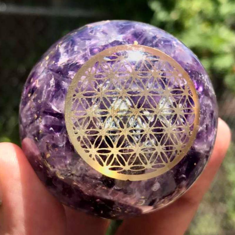 EMF Protection Orgonite Amethyst, Copper Flakes Sphere || 50MM || Flower Of Life-Nature's Treasures